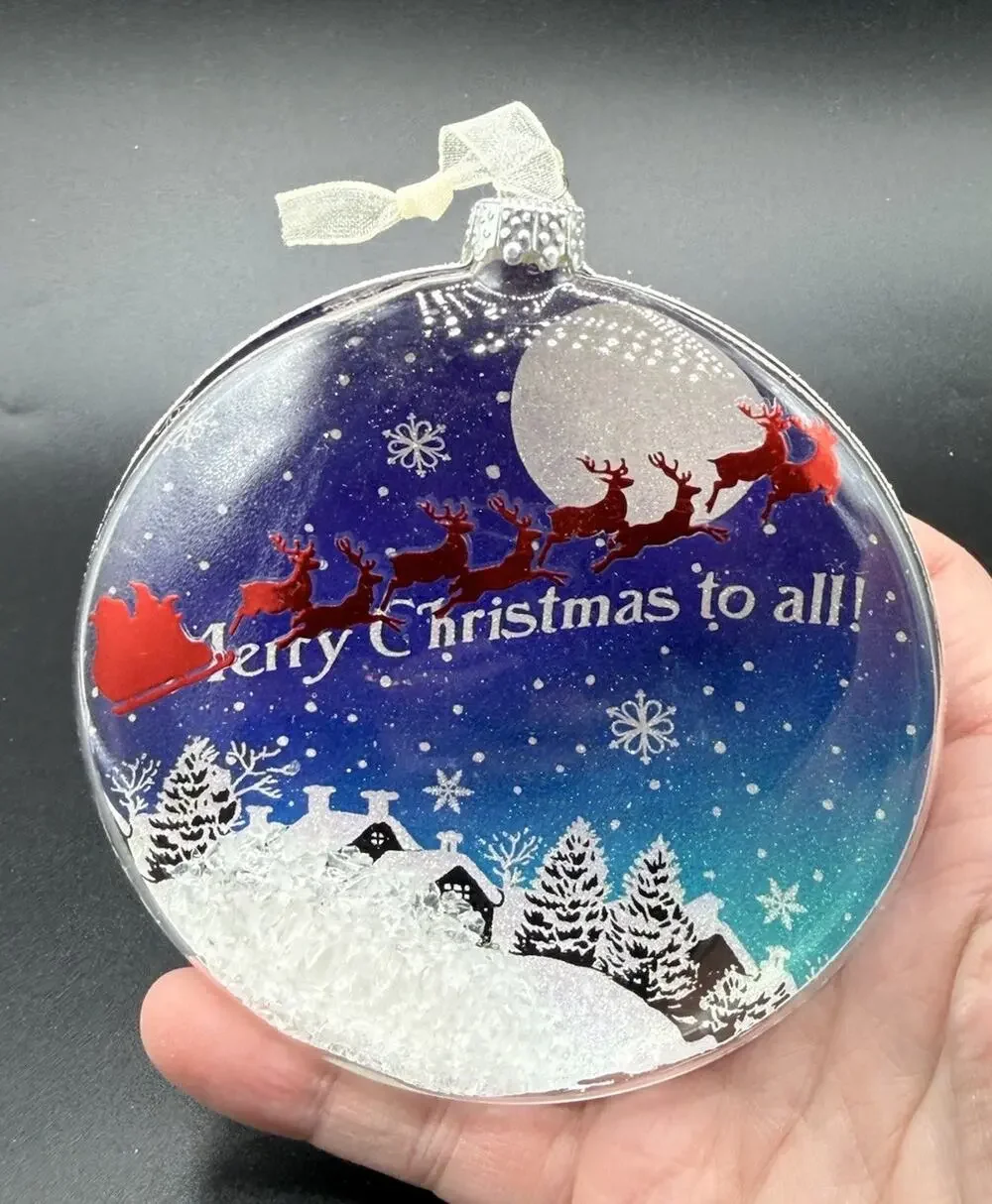 Hallmark Ornament A Merry Christmas Eve Glass Snow EUC No Box -Lo16